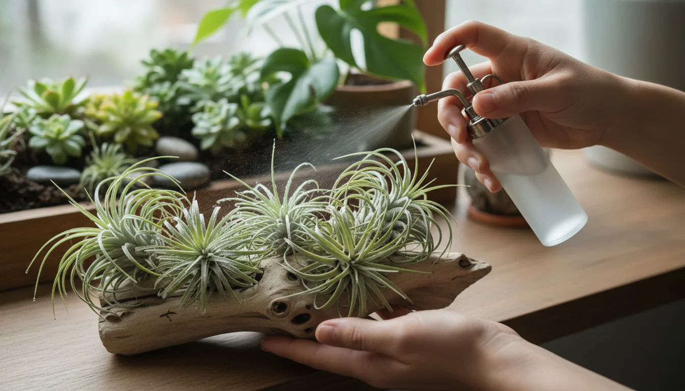 A person's hands gently misting Tillandsia air plants arranged on a piece of driftwood on a small indoor plant shelf. Fine water droplets are visible 