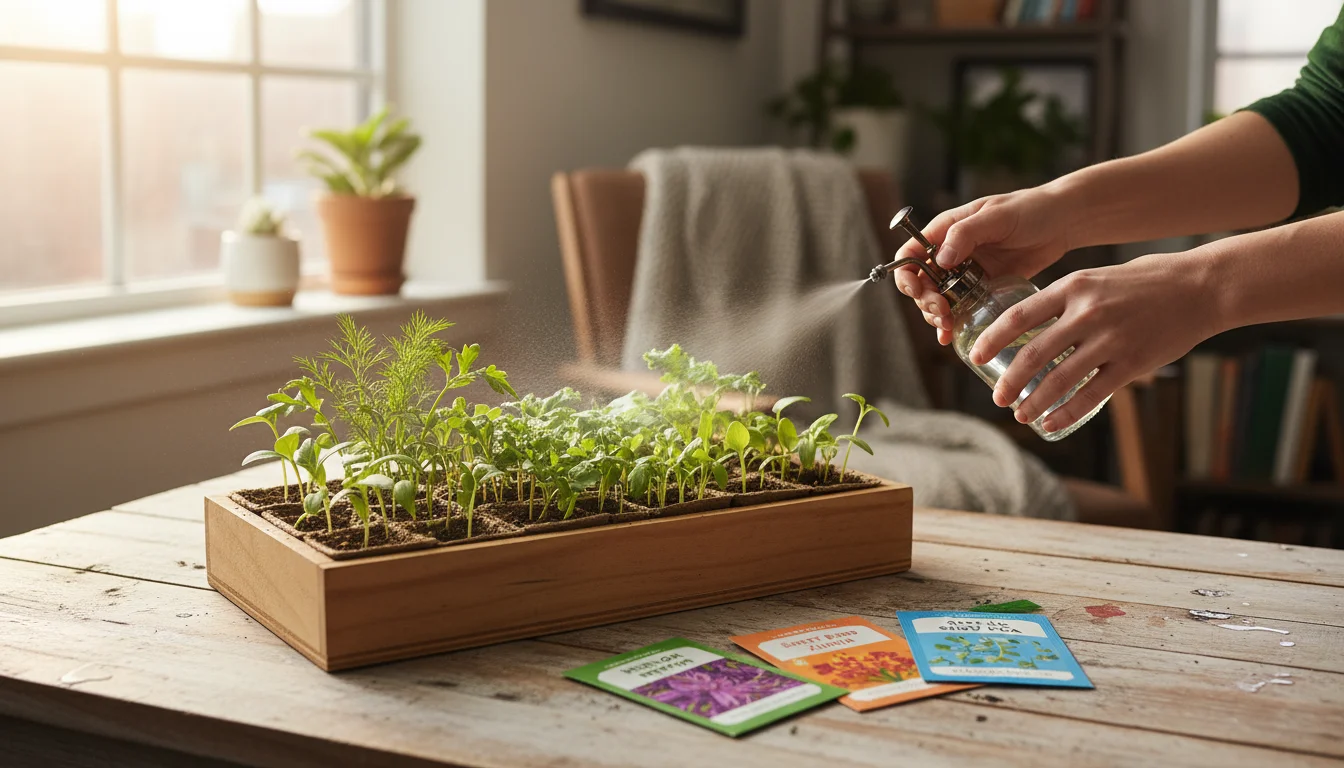 A person's hands misting a tray of young green seedlings, surrounded by colorful seed packets with unique plant names on a sunny apartment table.