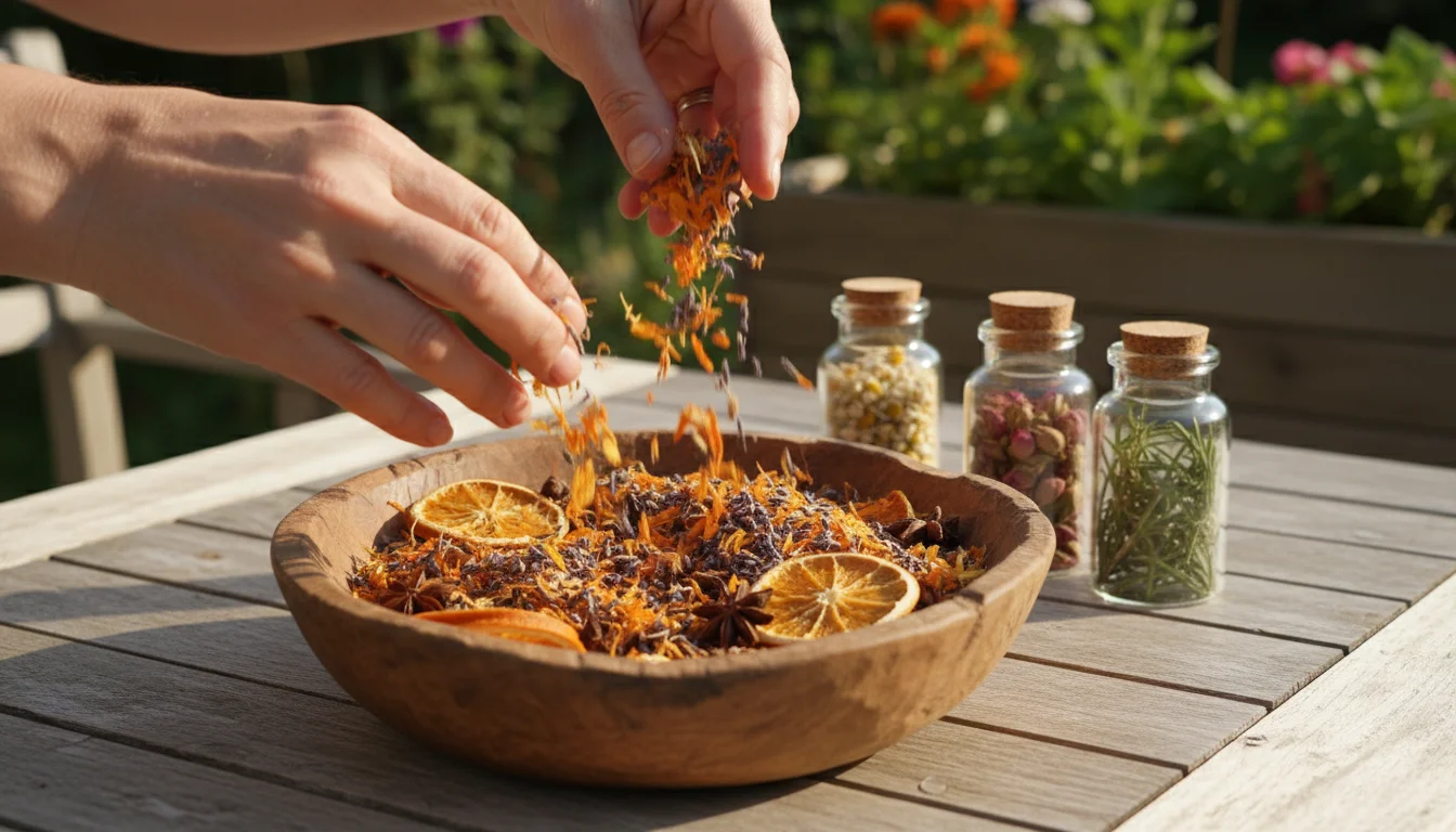 Person's hands mix dried calendula, lavender, orange slices, and star anise in a wooden bowl on a patio table. Other dried botanicals are in small jar