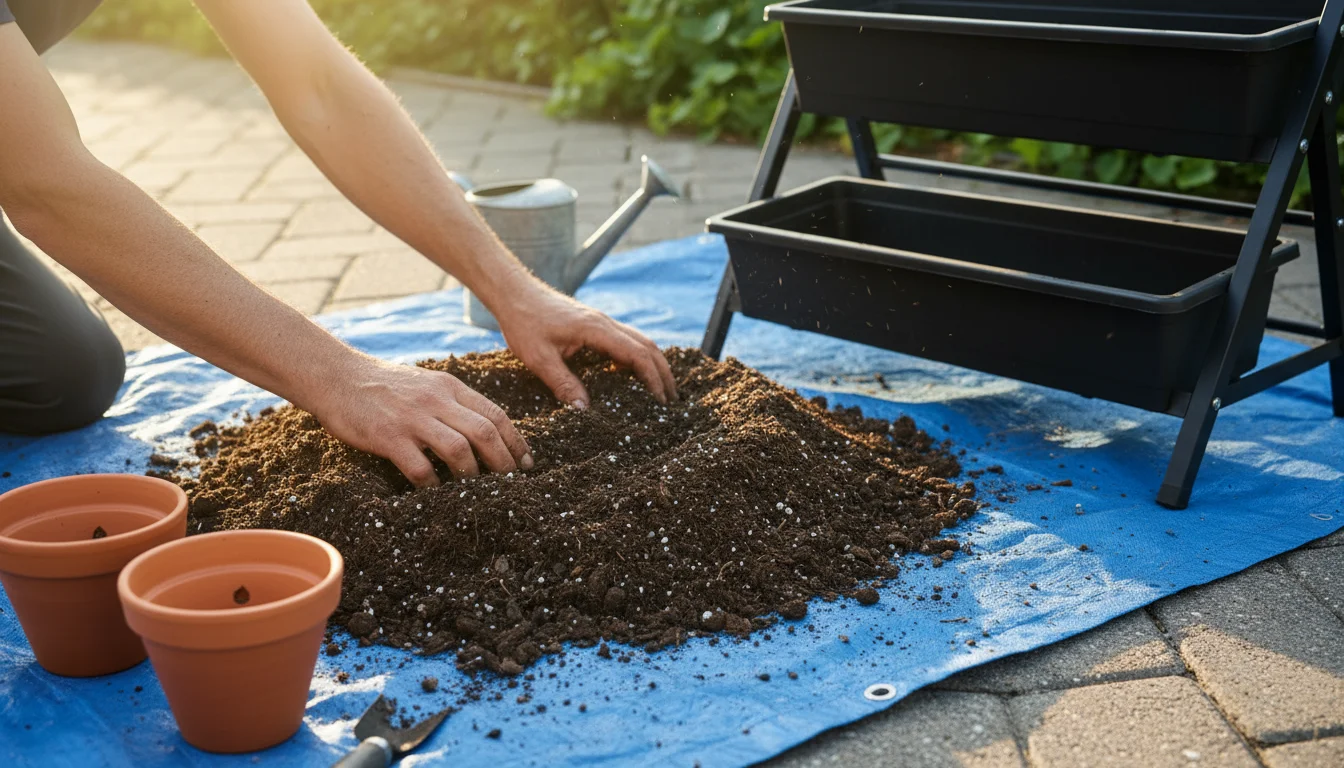 A person's hands gently mix lightly used potting soil with fresh soil on a tarp on a patio, surrounded by empty pots.
