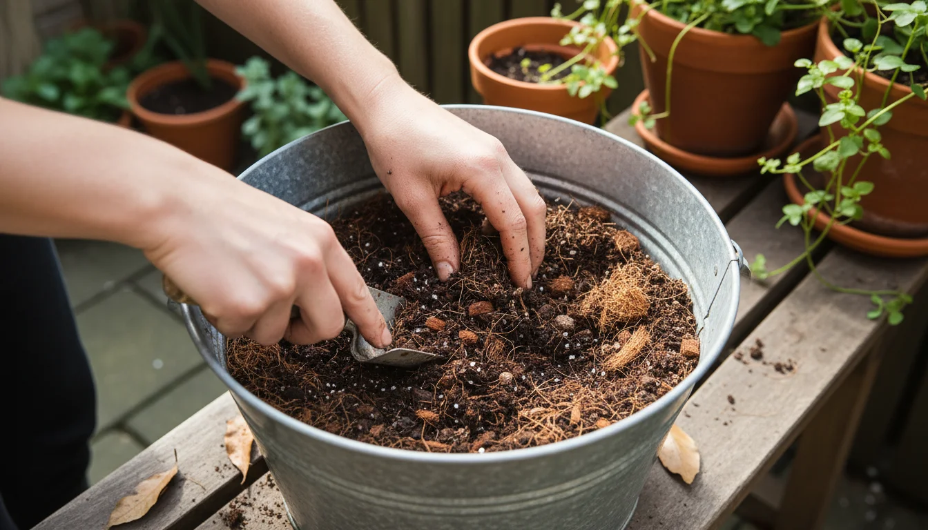 Person's hands mix rich organic potting mix in a metal bucket on a patio, with a peat-free mix bag and empty pots nearby.