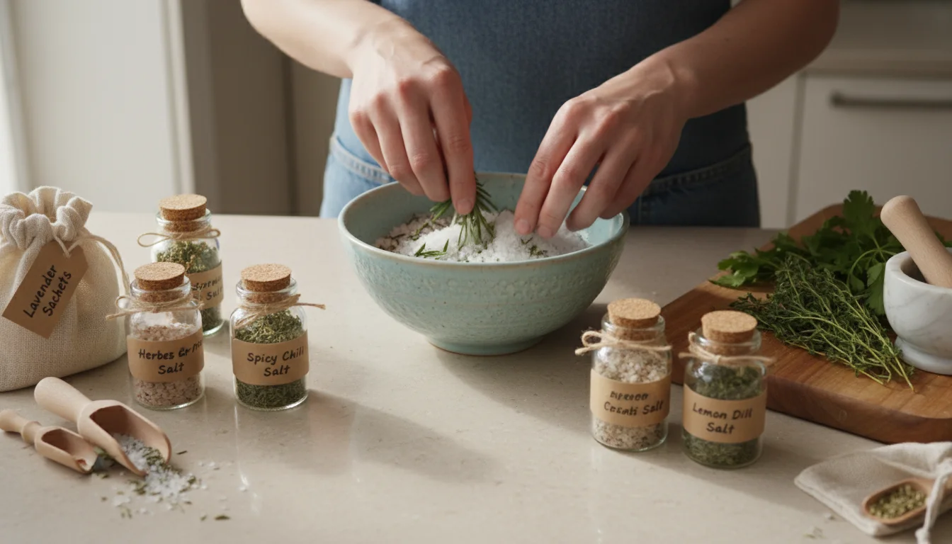 Person's hands mixing dried herbs and sea salt on a kitchen counter, surrounded by homemade herb salts, infused oils, and fabric sachets.