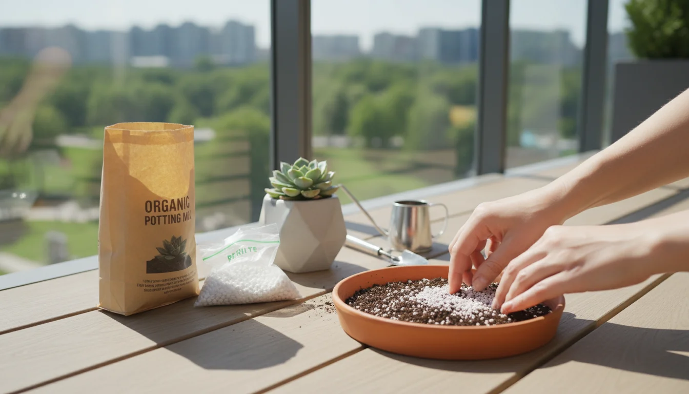 Close-up of a person's hands mixing potting mix and perlite in a terracotta saucer on a patio, with empty pots and a succulent nearby.