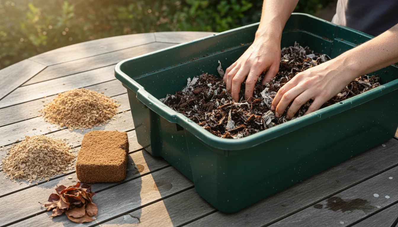 A person's hands moisten shredded newspaper and coco coir in a plastic bin on a wooden patio table, surrounded by piles of dry cardboard, coco coir bl