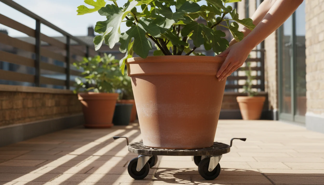 Person's hands gently move a large terracotta pot on a dark wheeled caddy across a sunny balcony floor, showing robust, locking wheels.