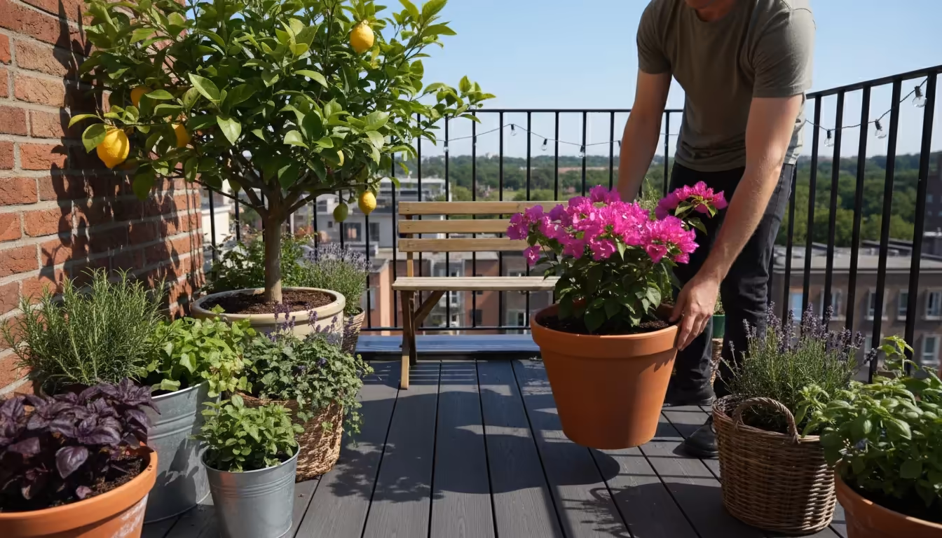 A person's hands move a potted fuchsia plant on a balcony, sliding it from direct sun into the shade of a larger potted lemon tree.