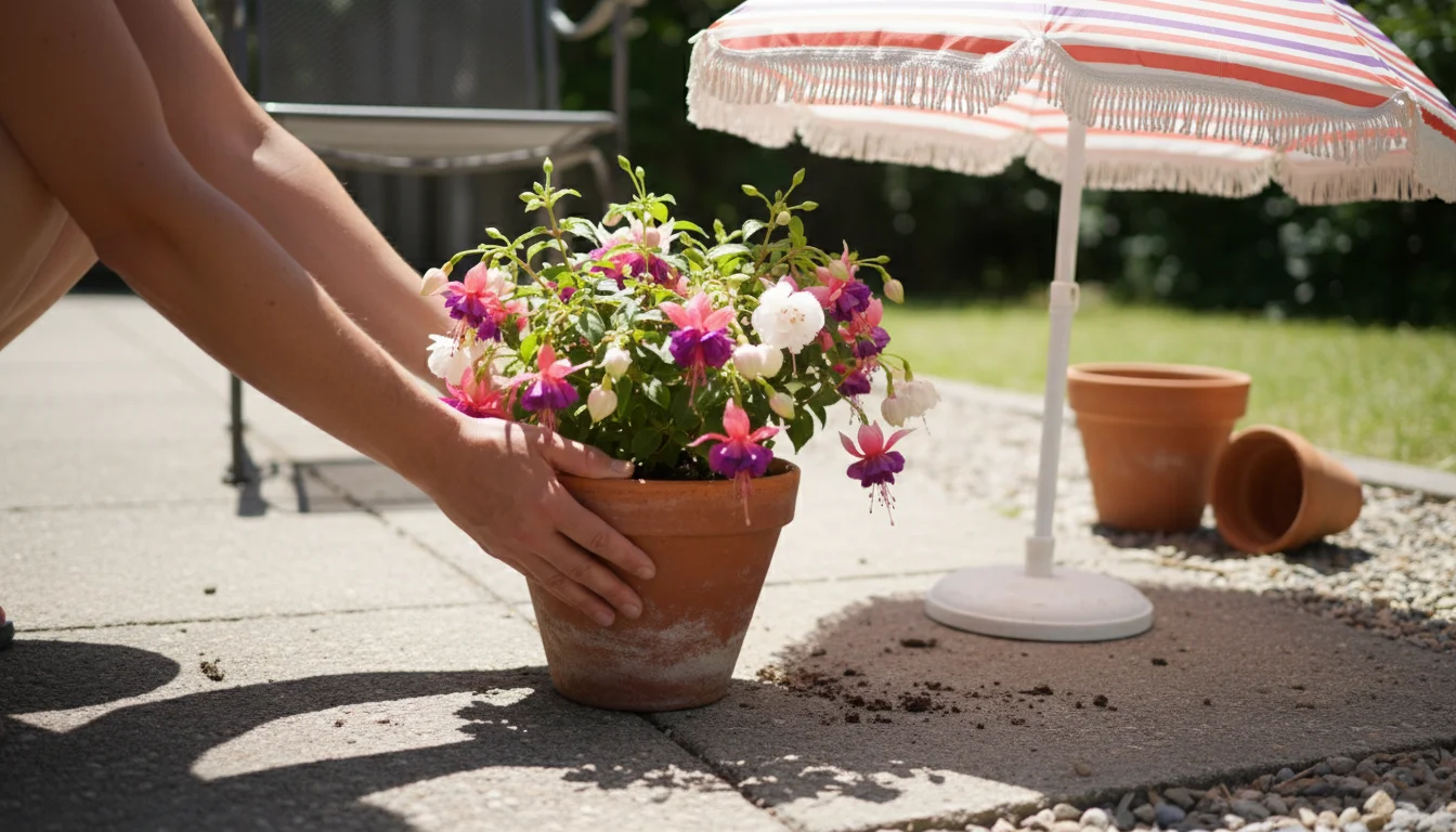 Person's hands move a terracotta pot with fuchsias into the shade on a bright summer patio, with other container plants visible.