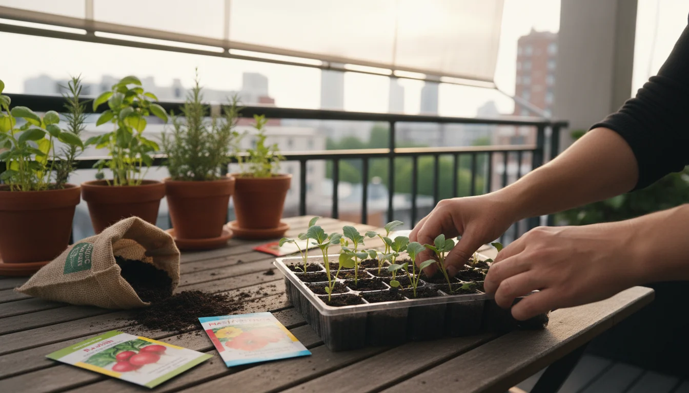 A person's hands carefully move trays of green vegetable seedlings on a small balcony table. Seed packets are nearby.