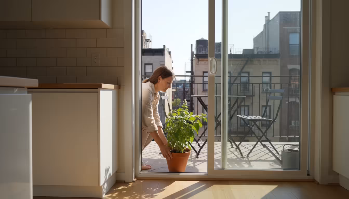 Person's hands gently moving a slightly drooping potted basil plant from a sun-drenched balcony into a cooler indoor room.