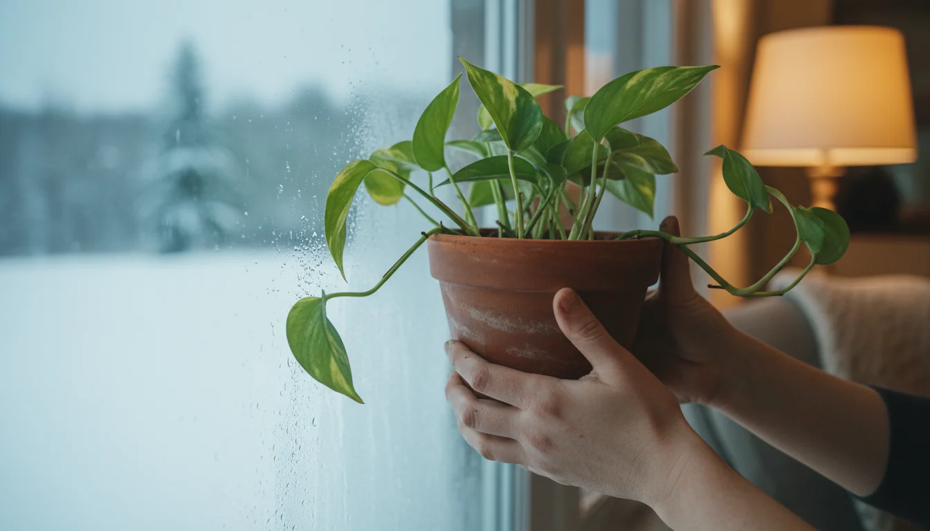 Person's hands gently moving a Pothos plant in a terracotta pot away from a cold, condensation-covered window in winter.
