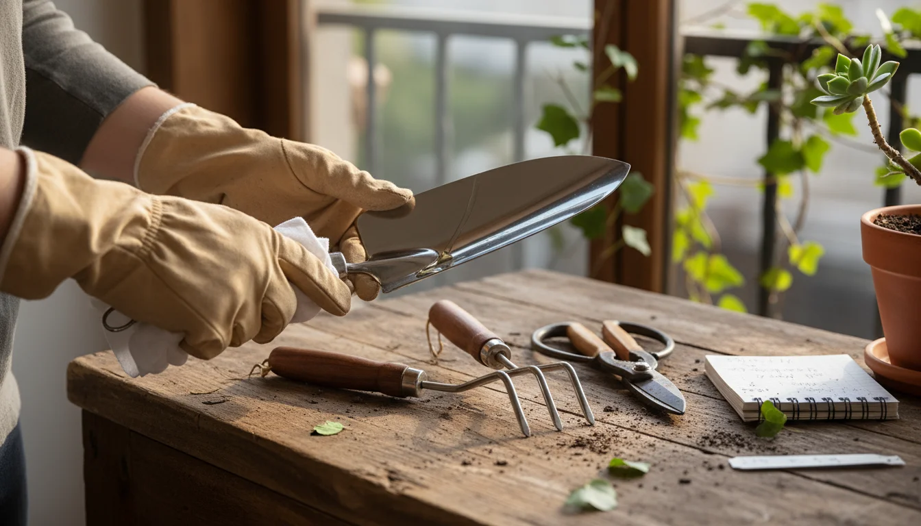A person's hands oiling a hand trowel on a balcony potting bench, with other clean gardening tools and an oil bottle nearby.