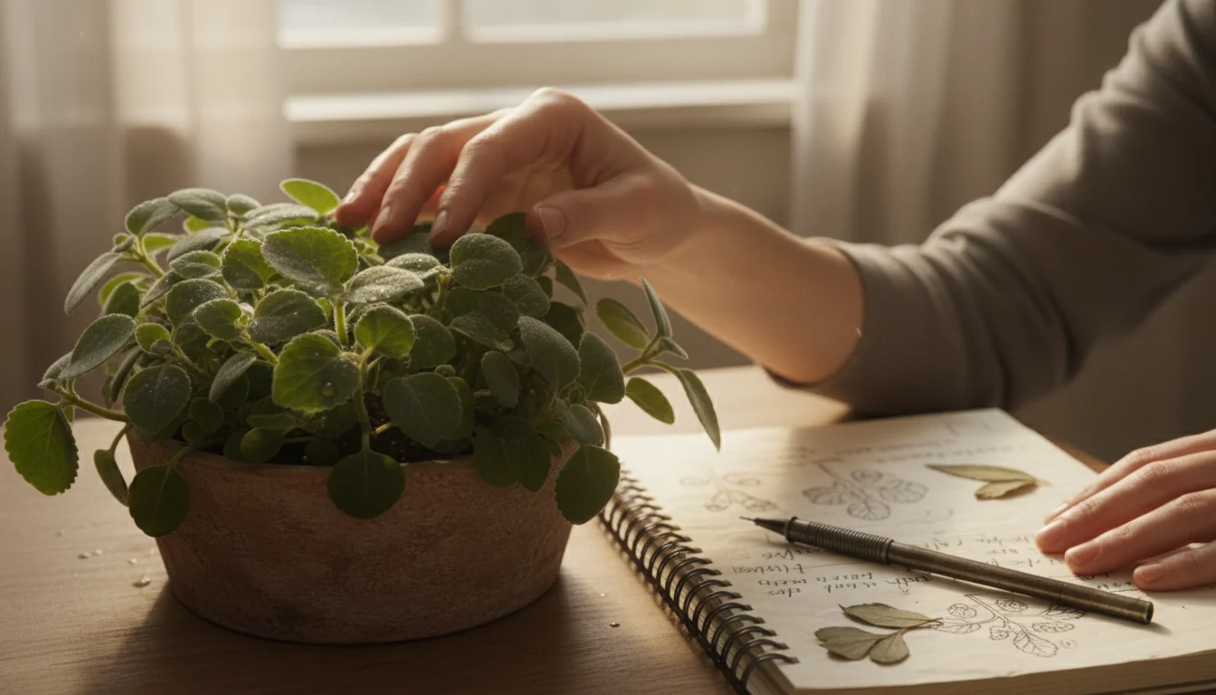 A person's hands: one gently touches velvety Plectranthus leaves in a terracotta pot, the other rests on an open gardening notebook/tablet.