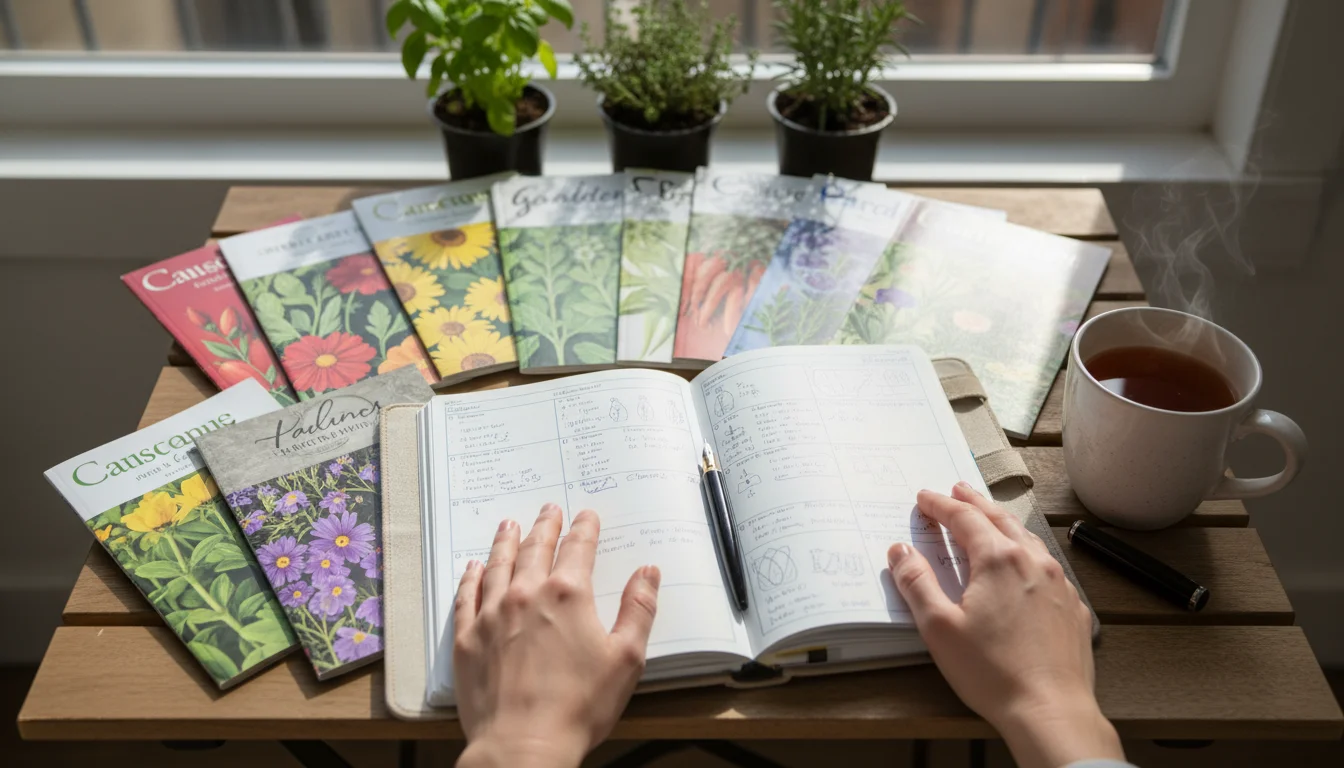 A person's hands over an open garden planner, surrounded by stacks of colorful seed catalogs on a wooden table. Blurred container herbs are in the bac