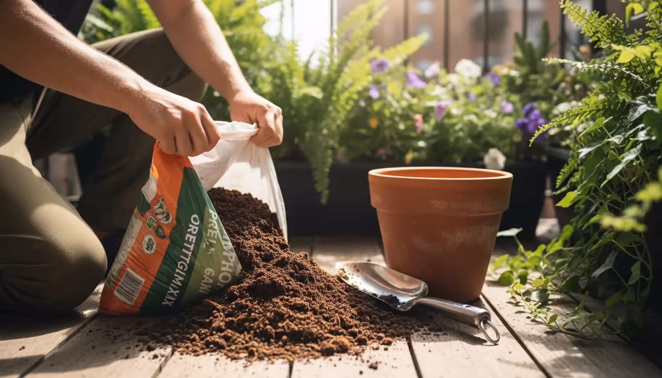 Person's hands opening a new bag of lightweight potting mix on a balcony next to an empty pot, ready for planting.