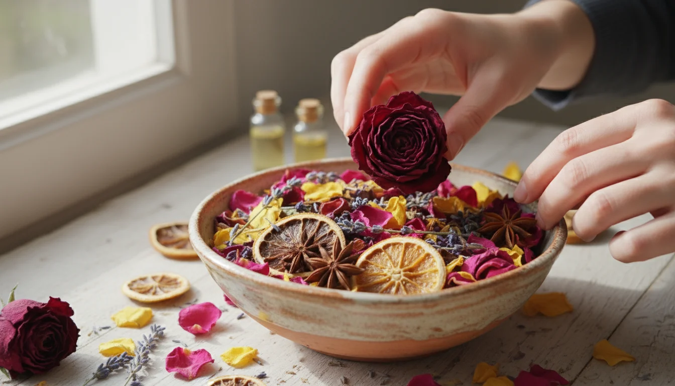 A person's hands gently place a dried red rose into a decorative ceramic bowl overflowing with colorful potpourri ingredients like petals, orange slic