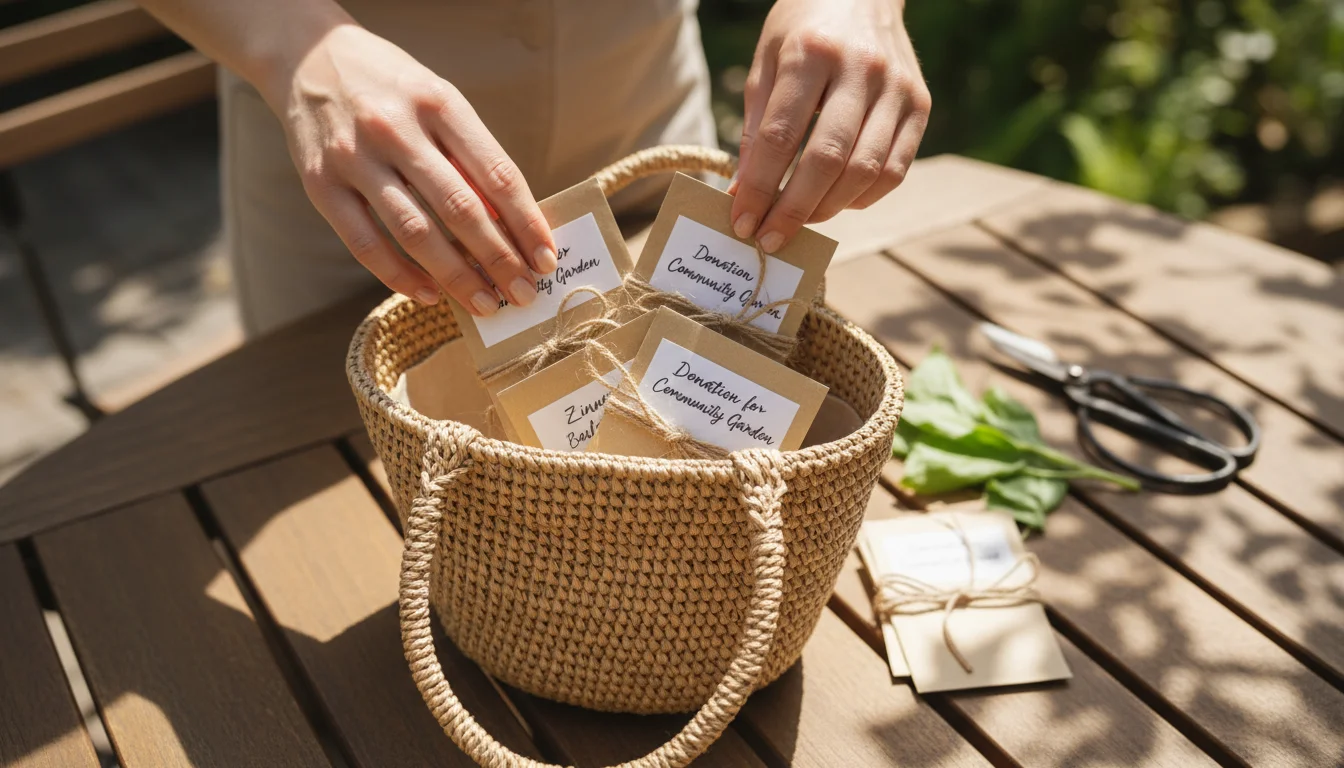 A person's hands gently place labeled seed packets into a straw tote bag on a sunlit wooden table with container plants in the background.