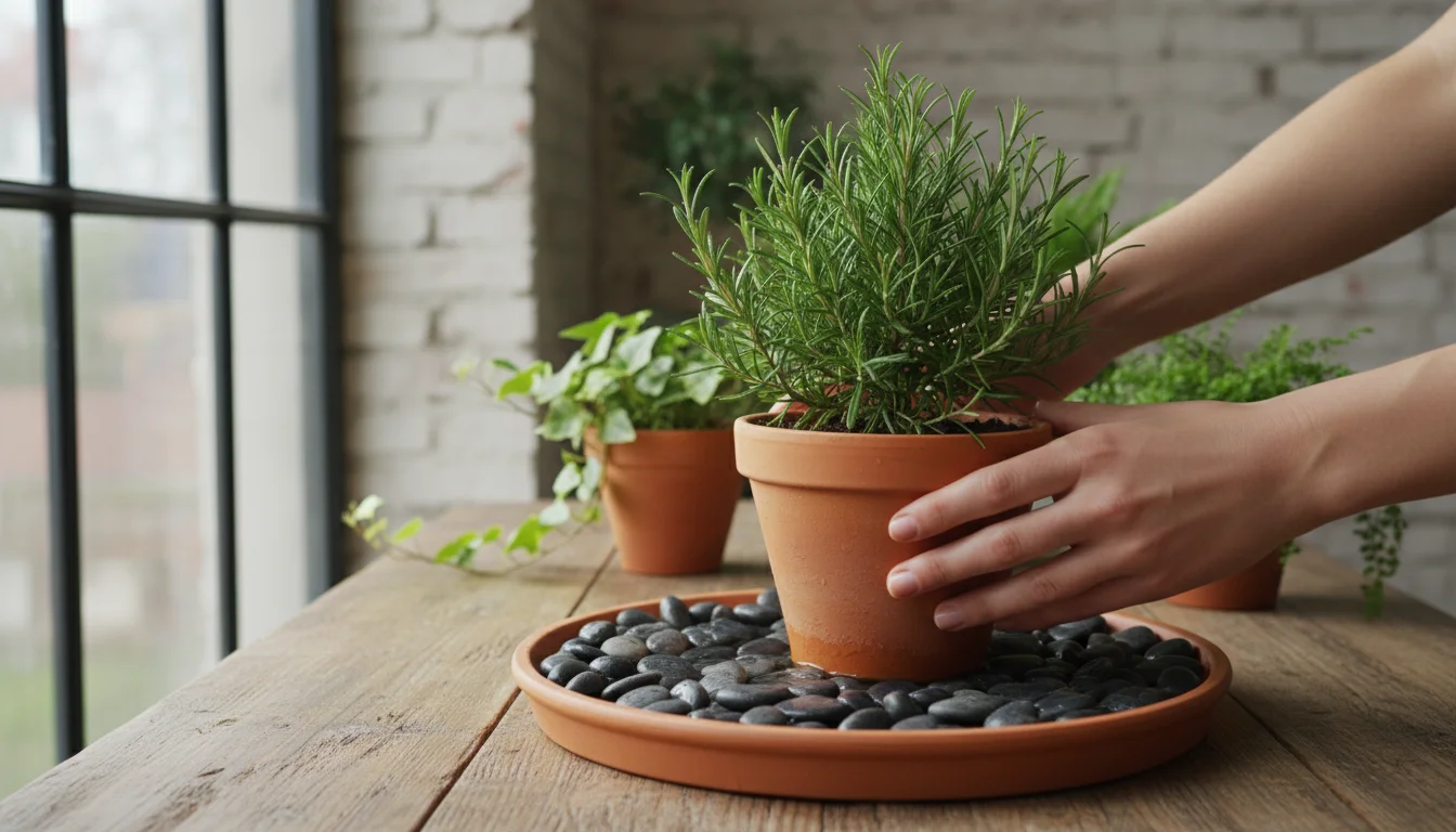 A person's hands place a potted rosemary onto a pebble tray with water, set on a bright windowsill indoors.