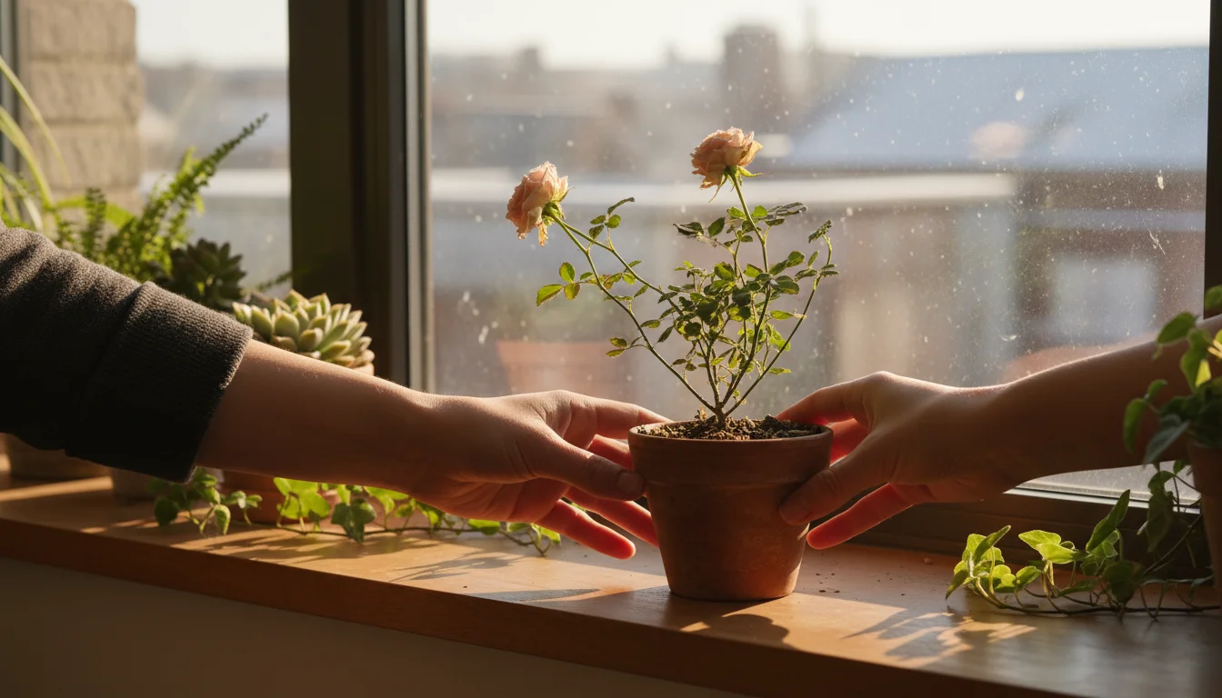 A person's hands place a struggling potted mini rose with unopened, withered buds onto a sunny apartment windowsill, among other container plants.
