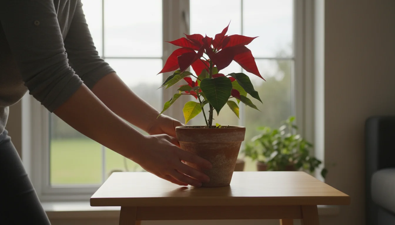 Person's hands gently place a slightly subdued poinsettia onto a pebble tray on a window table, bathed in soft morning light.