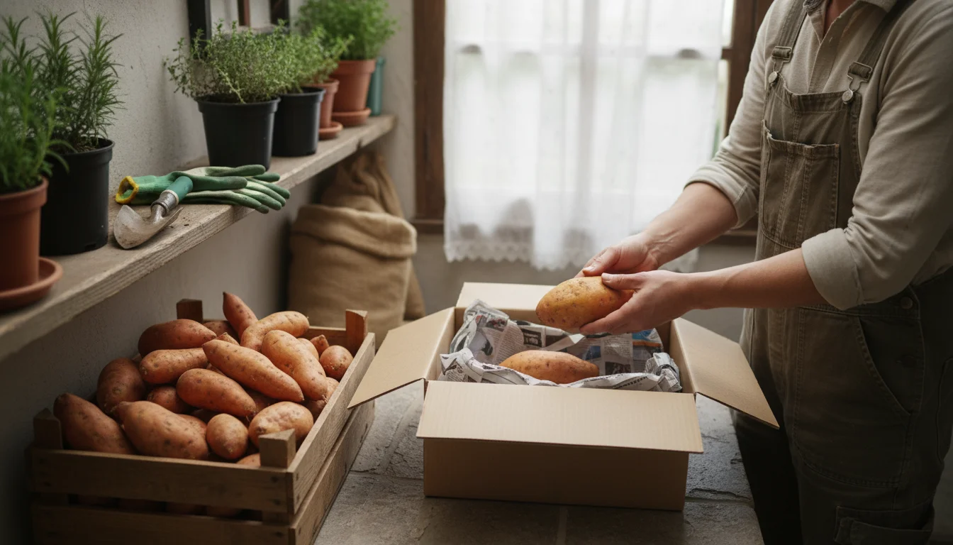 A person's hands carefully place a sweet potato into a cardboard box lined with newspaper, next to a wooden crate with straw.