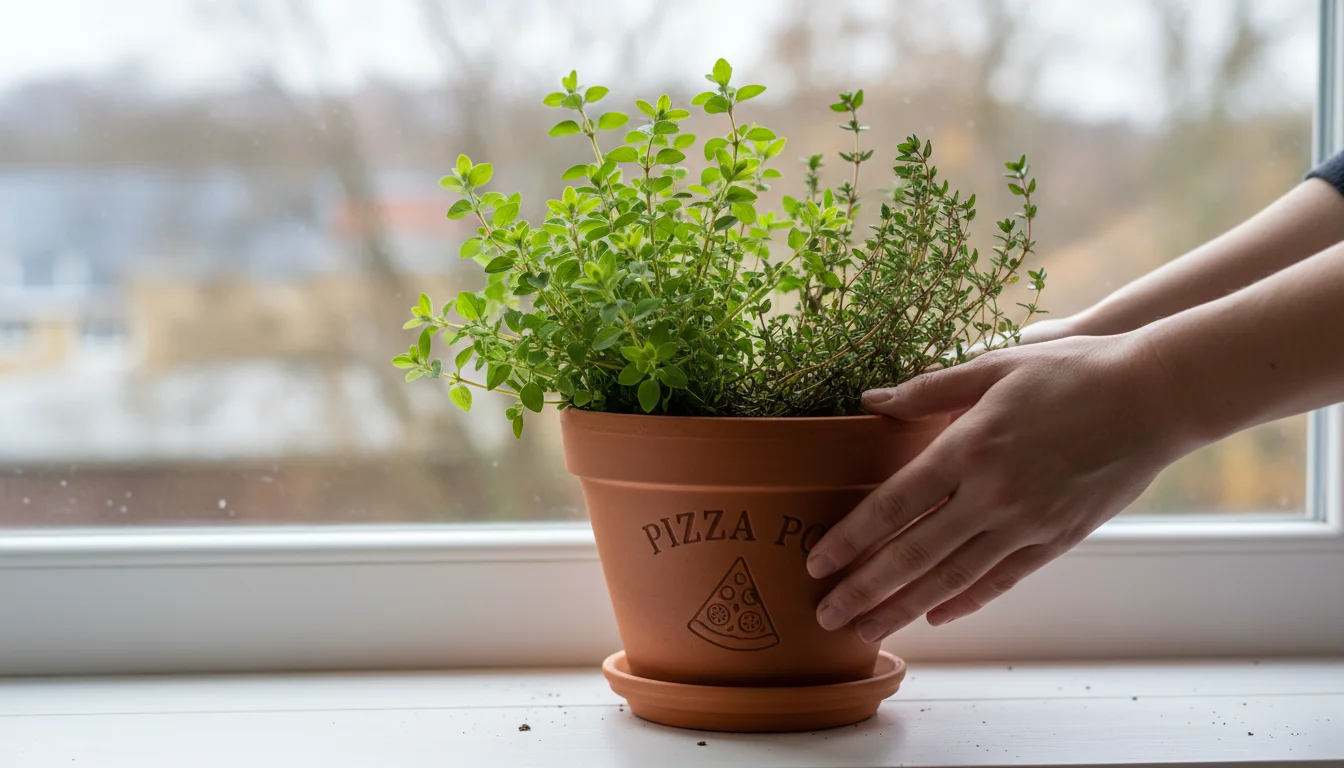 Person's hands carefully place a terracotta pot of oregano and thyme onto a sunny indoor windowsill, transitioning it for winter.