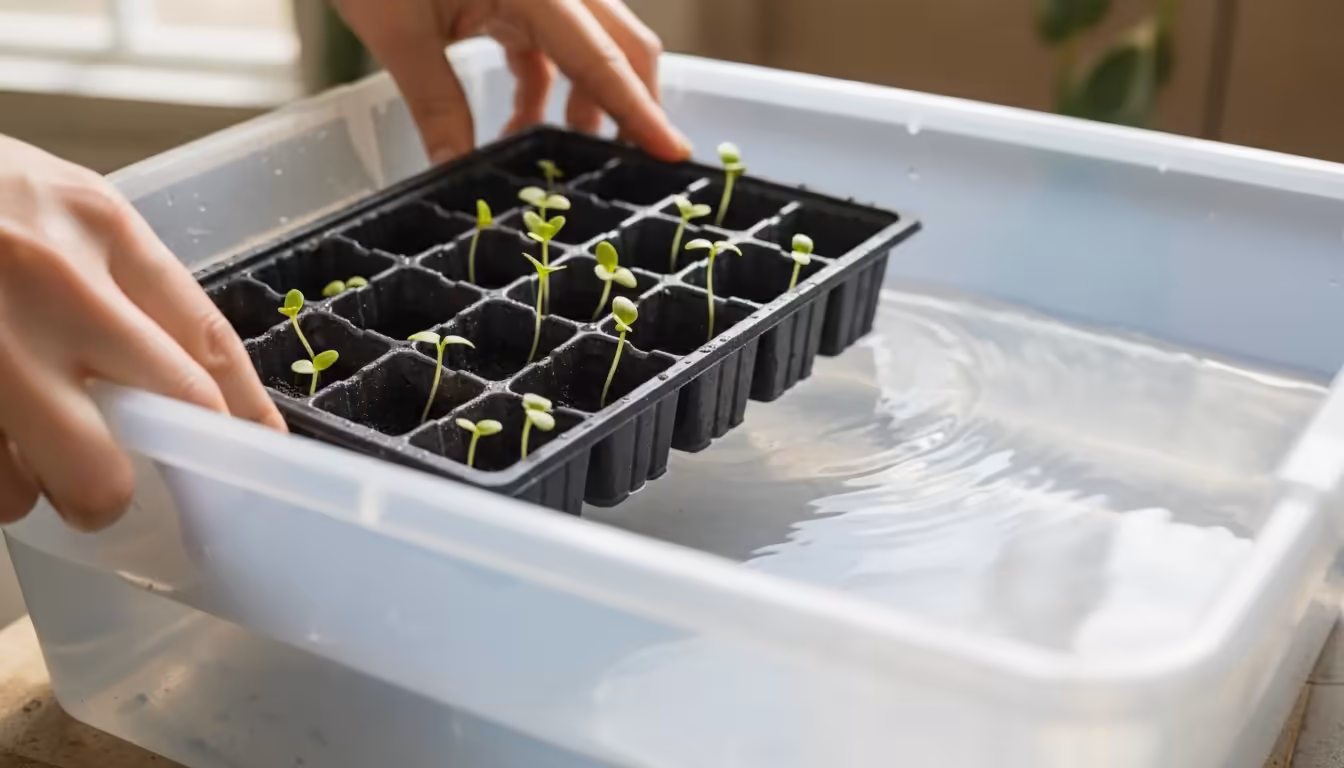A person's hands carefully place a tray of tiny green seedlings into a larger container for bottom watering on a bright windowsill.