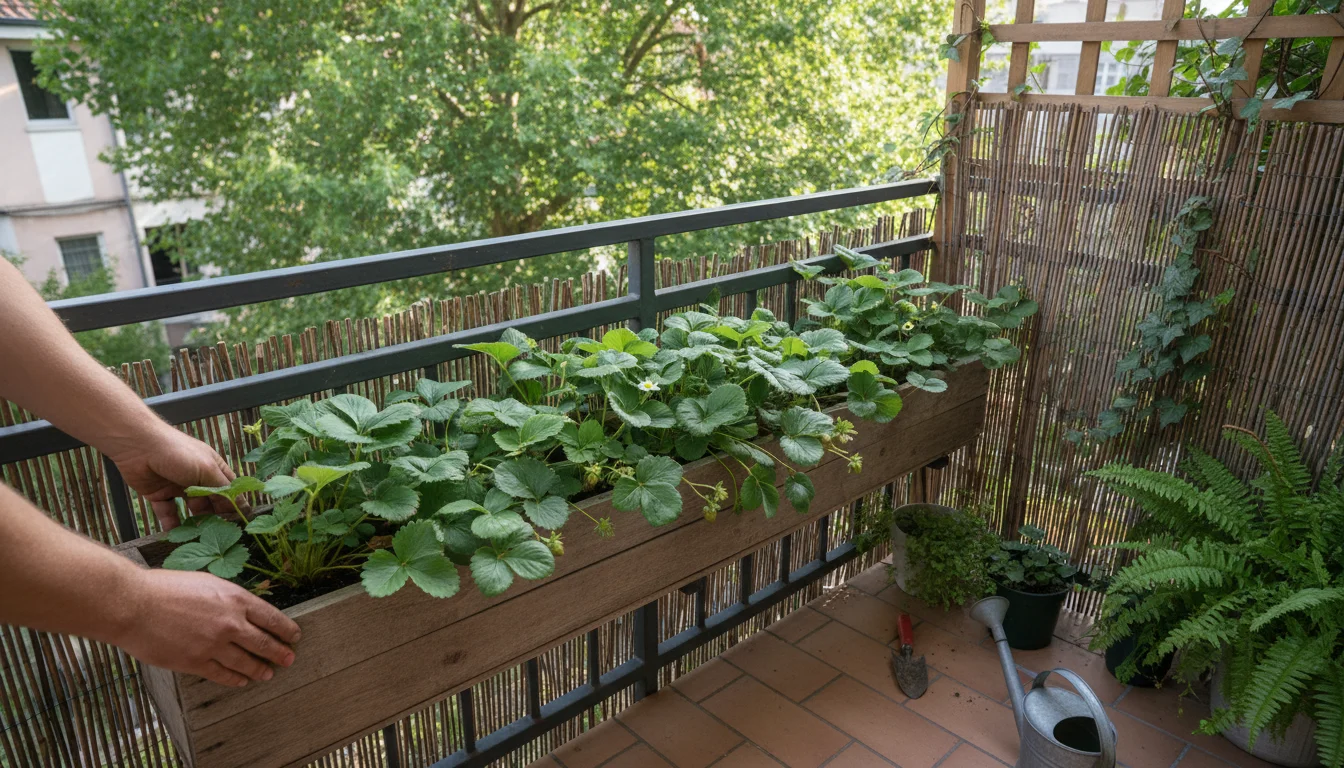 Person's hands carefully place a window box of young strawberry plants on a shaded urban balcony railing.