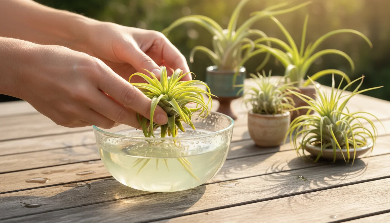 Person's hands gently placing a green air plant into a small glass bowl of diluted fertilizer water on a wooden table, other air plants in background.