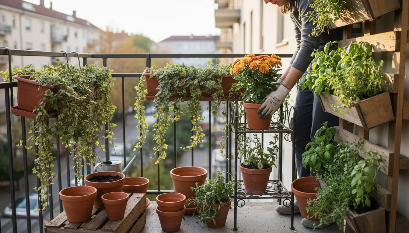 A close-up of a person's hands placing a potted mum on a tiered plant stand on a sunny urban balcony, surrounded by diverse container plants and empty