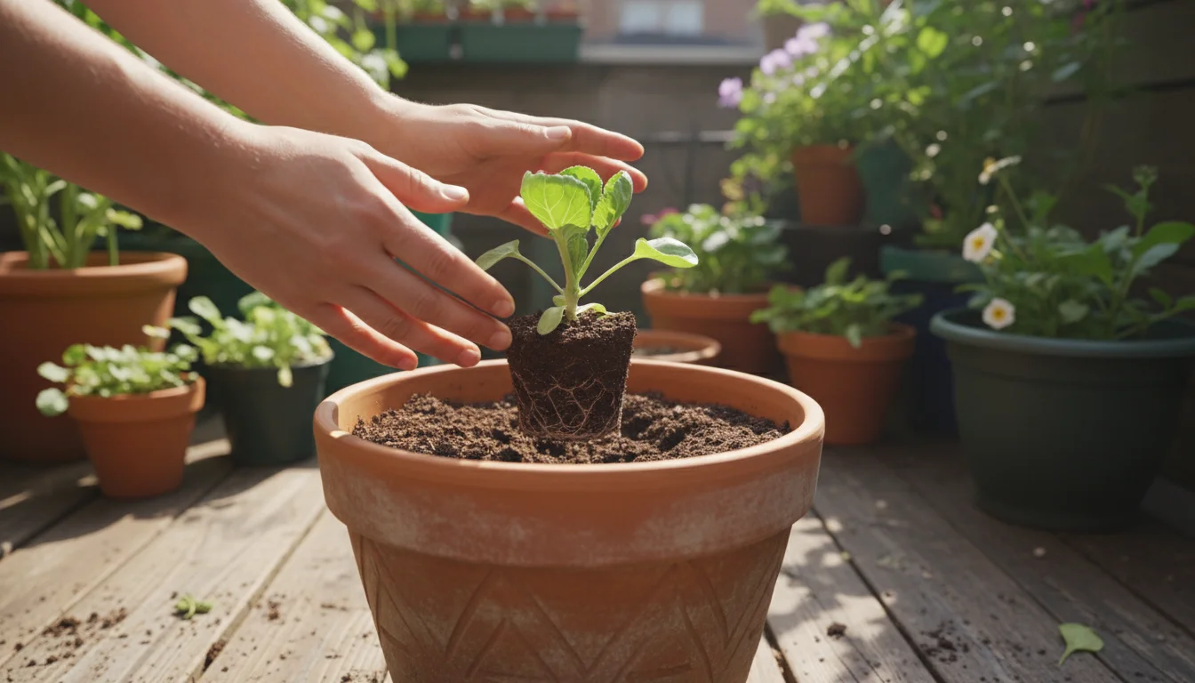 Person's hands gently placing a small Brussels sprout seedling into a large terracotta pot on a bright patio.