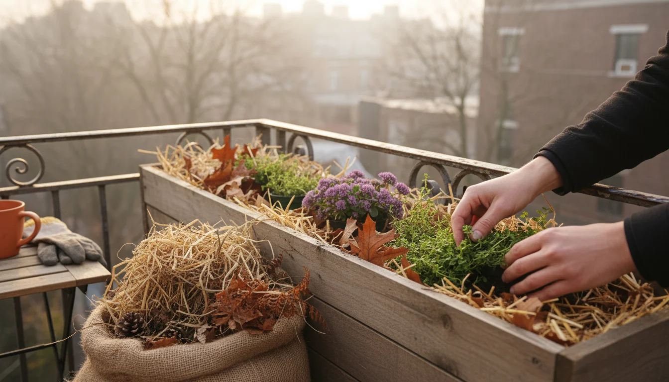A person's hands carefully placing small potted perennials into a long wooden planter box partially filled with straw on a balcony.