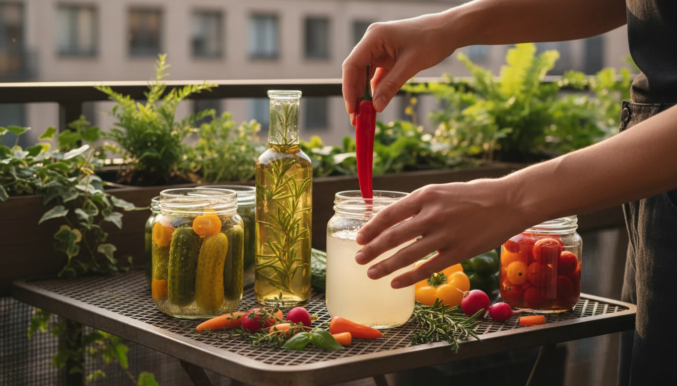 A person's hands placing a small red chili into a glass jar on an urban balcony table, next to jars of quick-pickled vegetables and herb-infused vineg