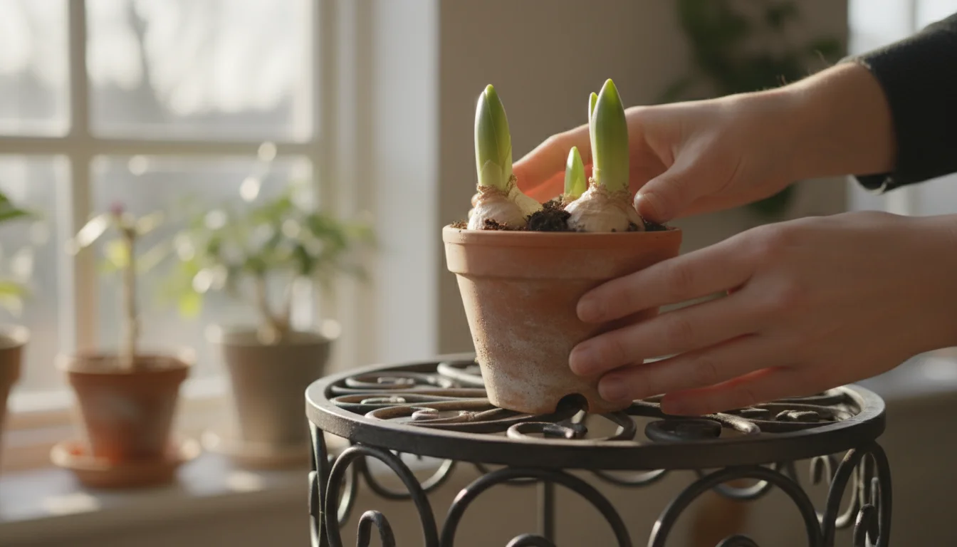 Person's hands carefully placing a terracotta pot with emerging green bulb shoots onto a dark metal plant stand in soft morning light.