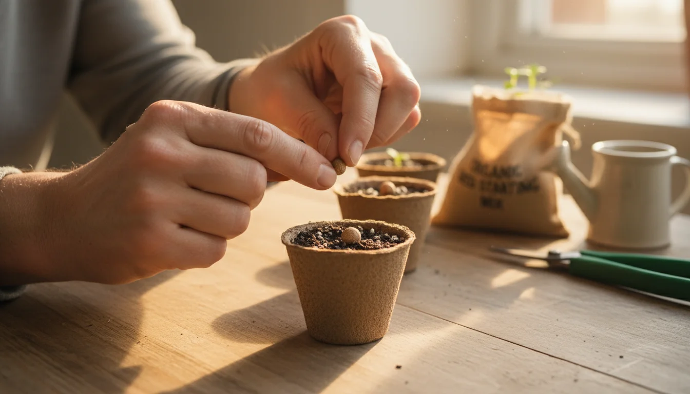 Close-up of a person's hands gently placing a tiny seed into a small brown biodegradable pot filled with soil on a wooden table.