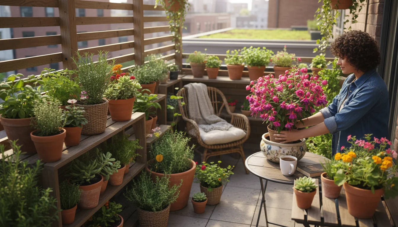 Person's hands gently placing a vibrant fuchsia pot among other diverse container plants on a sunlit urban patio.