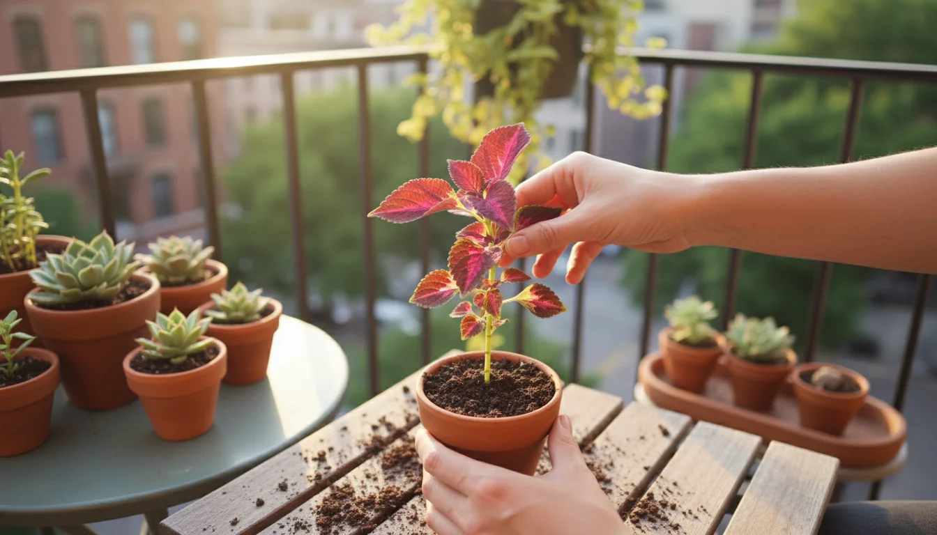A person's hands gently plant a colorful coleus cutting into a small terracotta pot on a rustic balcony table.