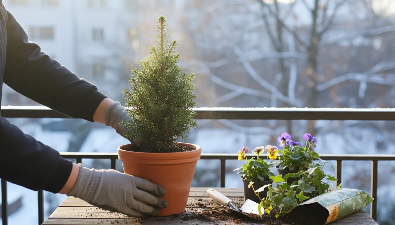 Person's hands gently plant a dwarf Alberta spruce in a terracotta pot with potting mix on a weathered wooden balcony table, winter pansies nearby.