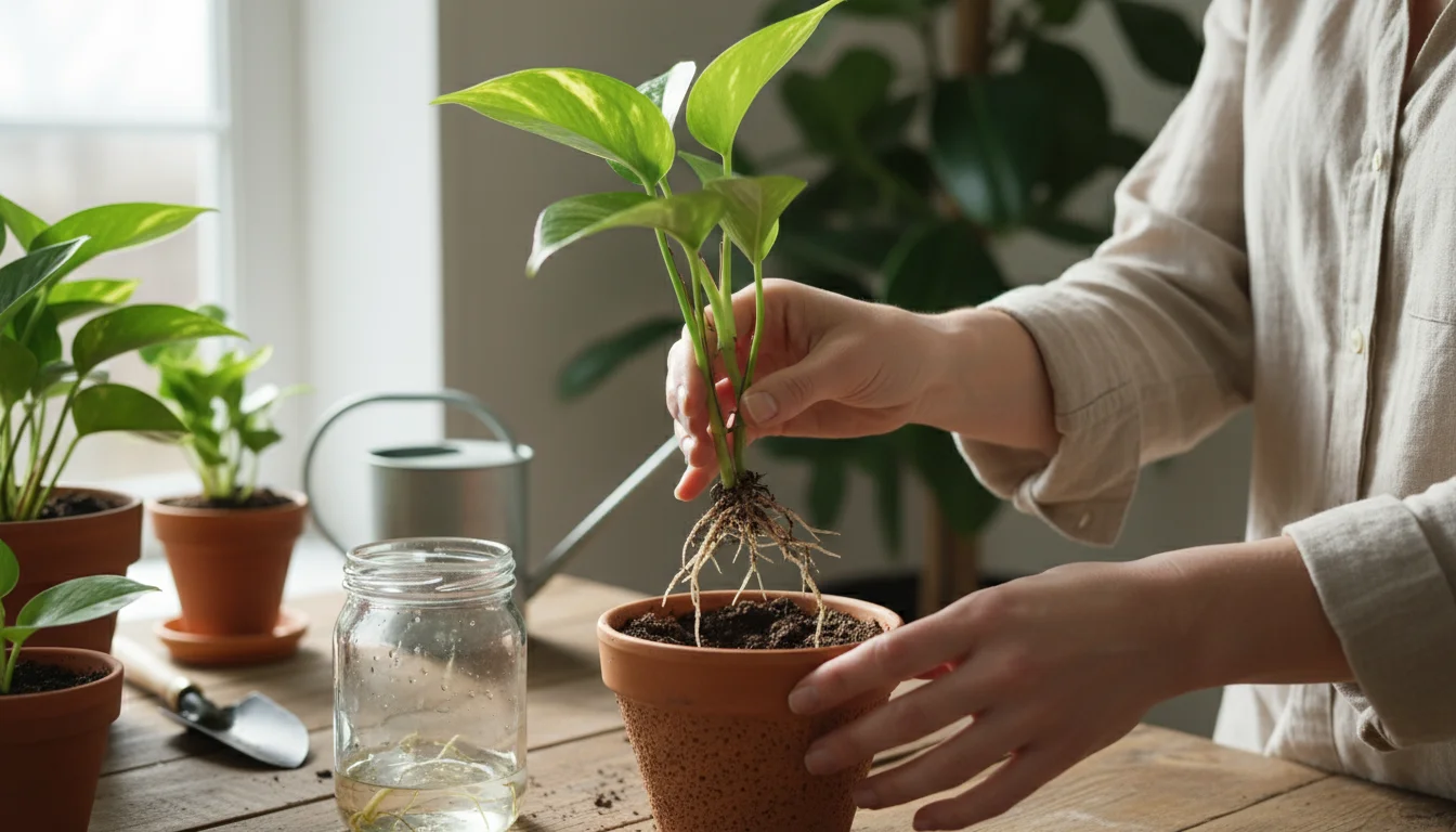Person's hands carefully plant a rooted Pothos cutting into a small terracotta pot on a wooden workbench, with a blurred mother plant in the backgroun