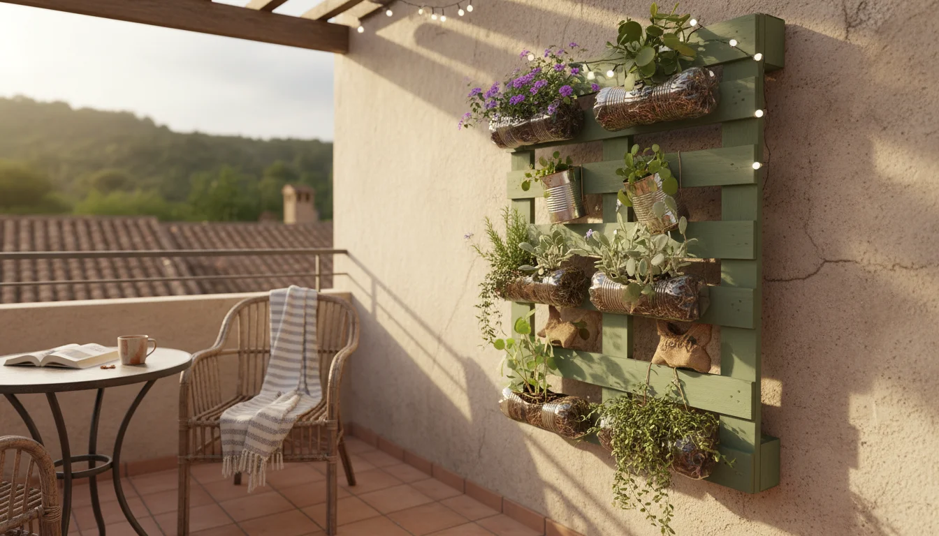 Person's hands planting basil into repurposed plastic bottles and containers on a muted green pallet vertical garden, on a sunny patio.