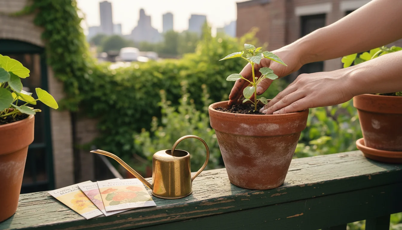 Person's hands planting an edible flower seedling in a terracotta pot on a wooden balcony railing, with seed packets nearby.