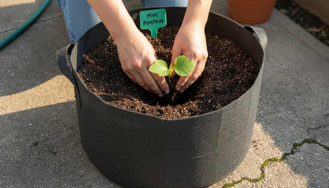 A person's hands gently planting a small mini pumpkin seedling into a large fabric grow bag on a concrete patio.