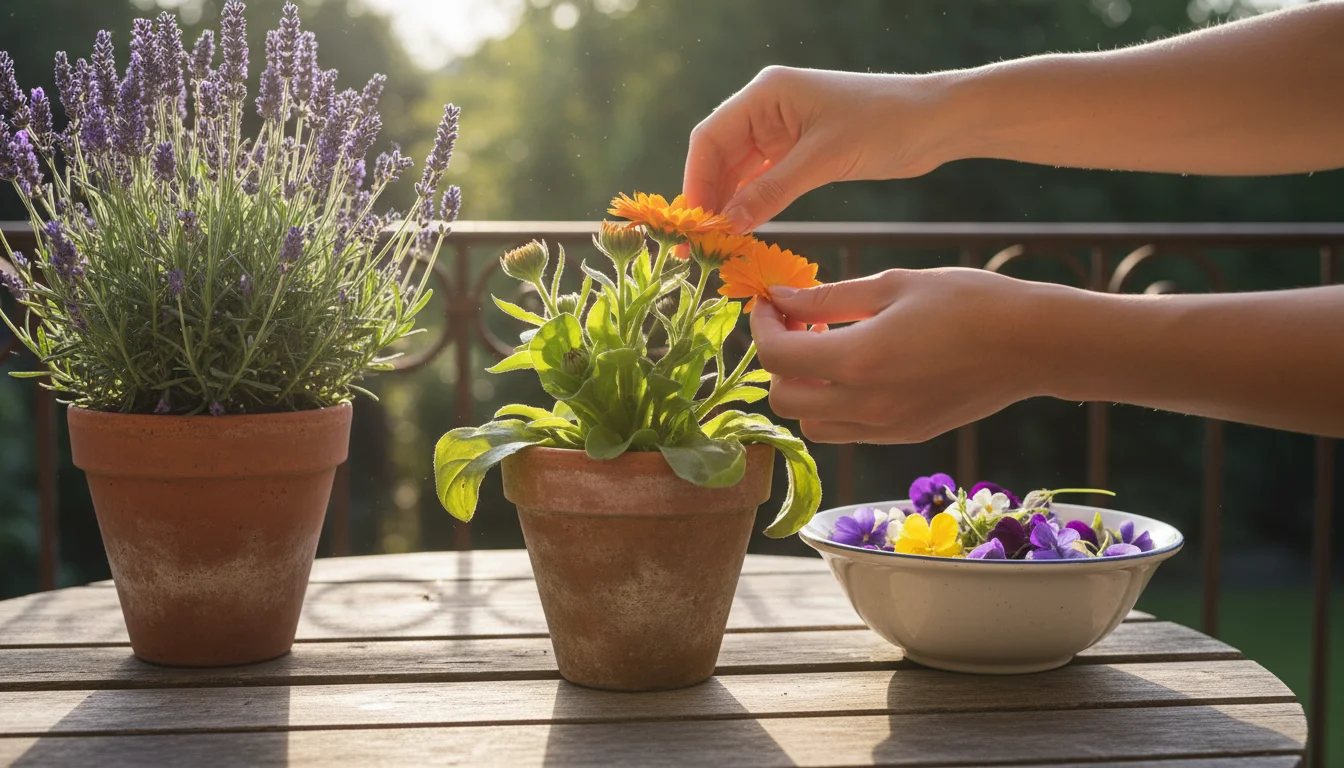 Person's hands gently pluck bright orange calendula petals from a terracotta pot on a wooden balcony table, alongside lavender and violas.