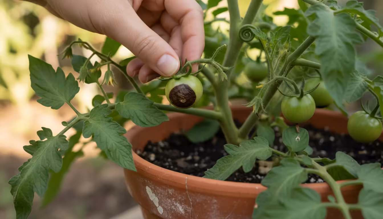 A person's hands gently pluck a small, green tomato with visible blossom end rot from a potted plant on a bright patio.