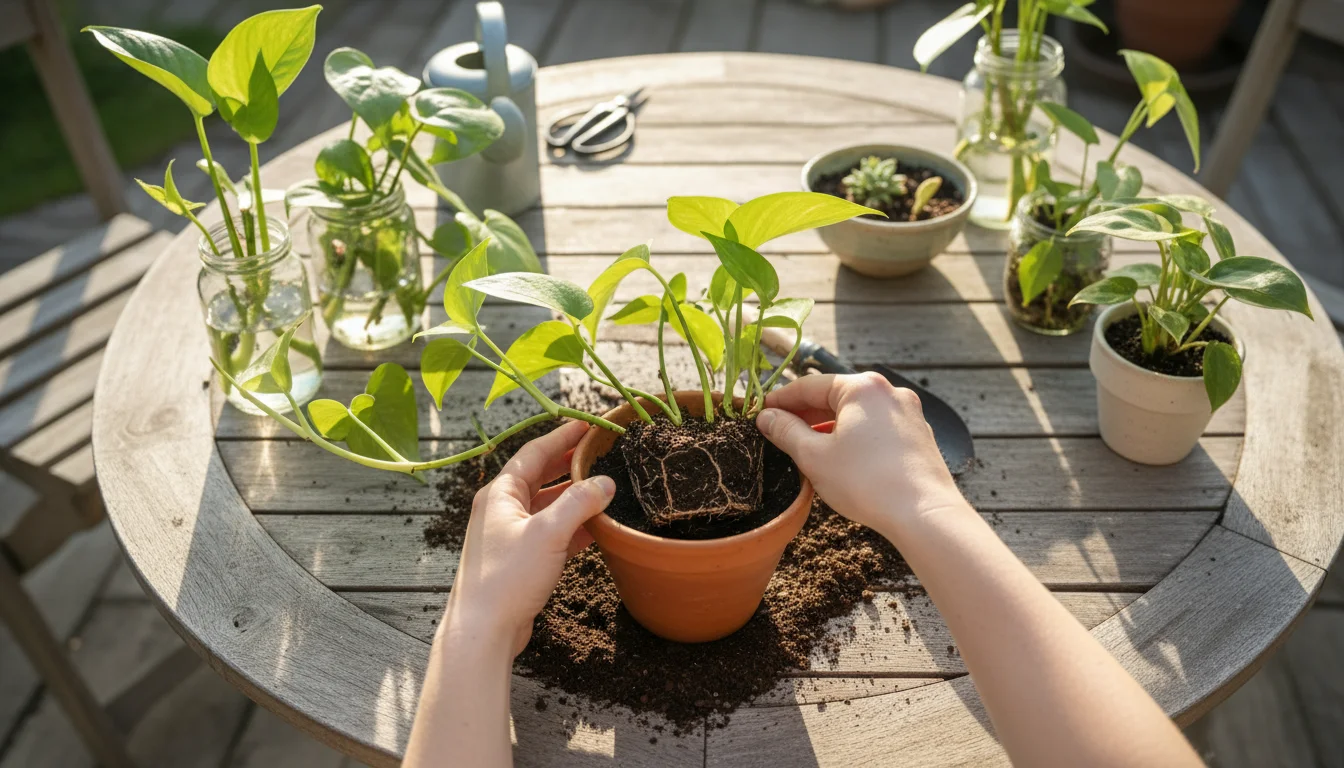 Person's hands gently potting a rooted houseplant cutting into a small pot on a patio table, surrounded by various propagated plants.