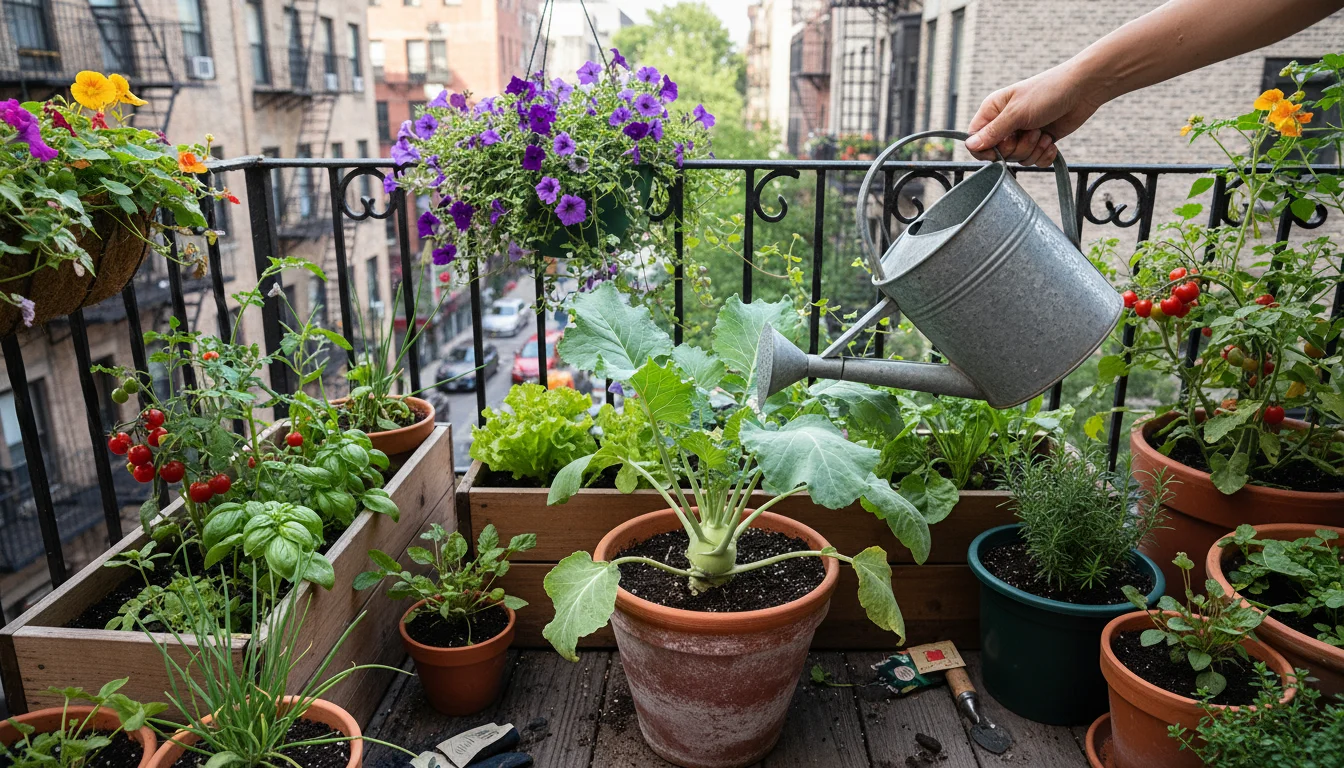 A person's hands pour diluted liquid fertilizer from a metal watering can into a terracotta pot with a kohlrabi plant on an urban balcony.