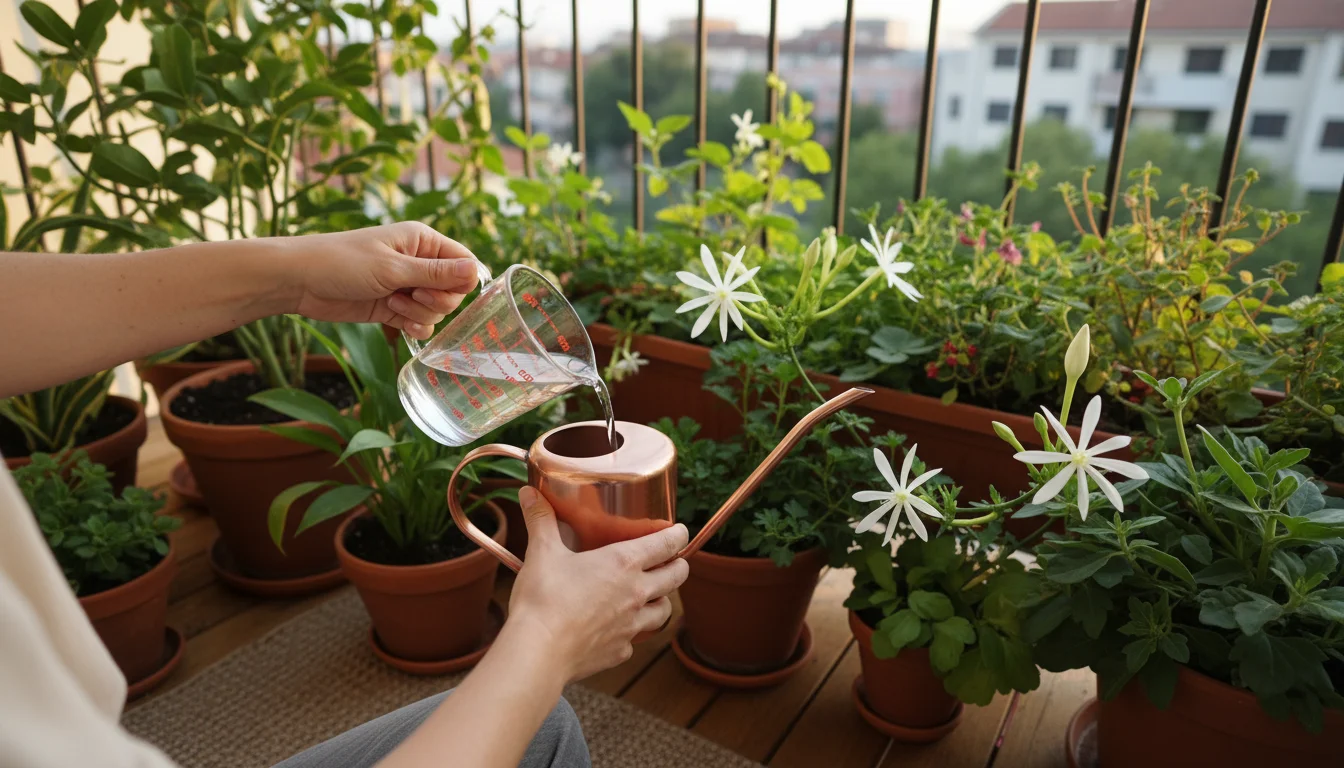 Person's hands pour diluted liquid fertilizer into a watering can on a balcony, surrounded by lush container plants and terracotta pots at dusk.