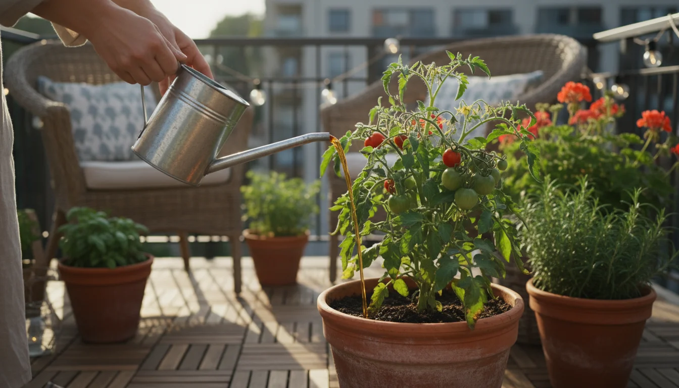 Person's hands pour 'kitchen scrap' fertilizer tea onto the soil of a thriving balcony tomato plant, surrounded by other containers in soft late after
