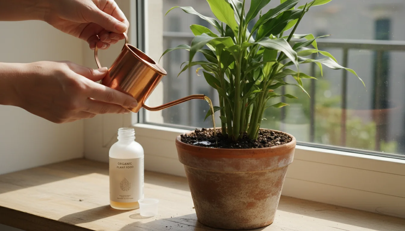 Person's hands pour liquid fertilizer onto a ginger plant in a pot on a sunny windowsill, with a fertilizer bottle nearby.