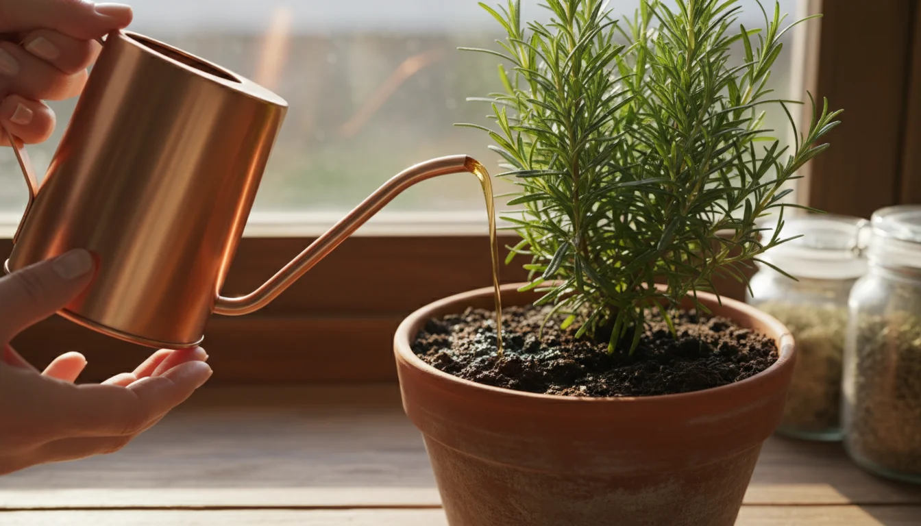Person's hands gently pour liquid fertilizer from a watering can onto a rosemary plant in a pot on a sunlit windowsill.