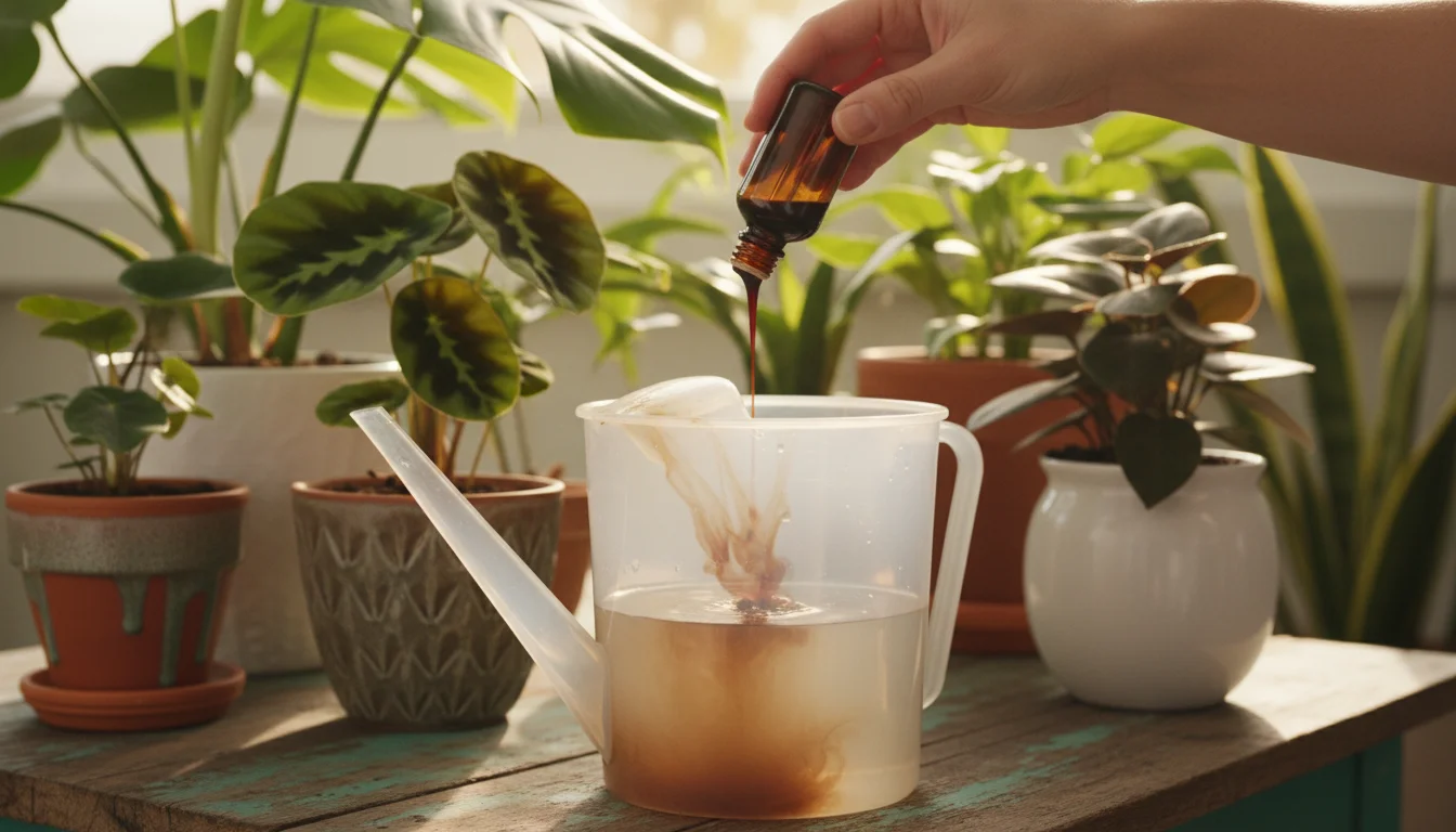A person's hands carefully pour liquid fertilizer into a watering can, surrounded by lush potted foliage plants on a patio table.